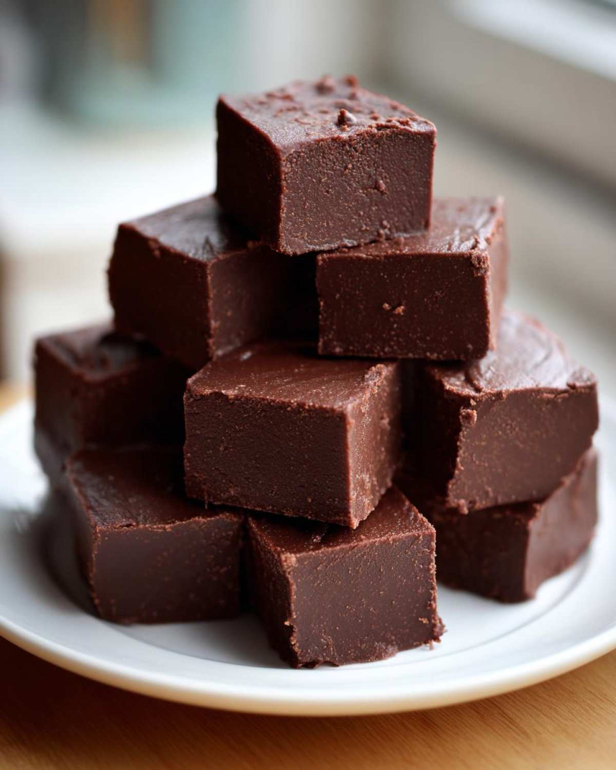 A tempting stack of rich, dark chocolate fudge squares resting on a white plate.