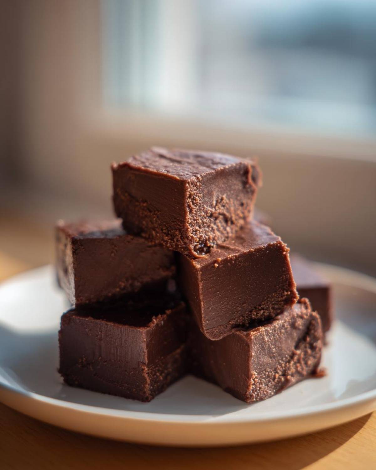A close-up stack of rich, dark chocolate fudge squares resting on a white plate.