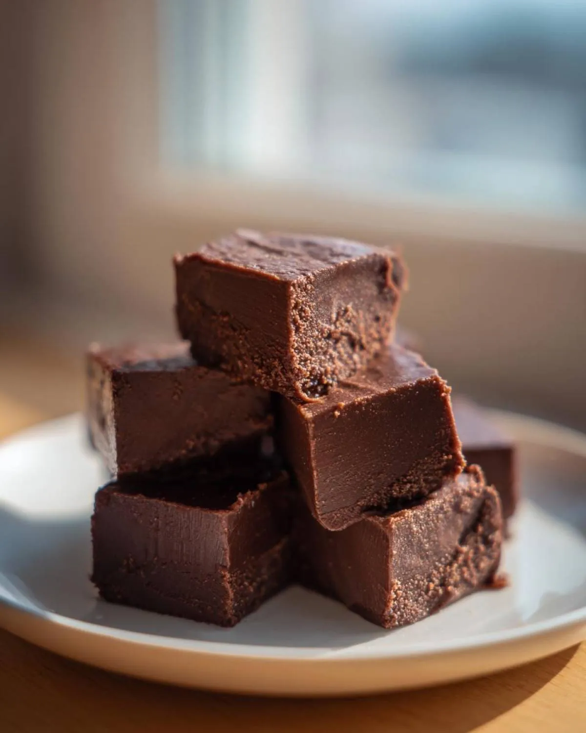 A close-up stack of rich, dark chocolate fudge squares resting on a white plate.