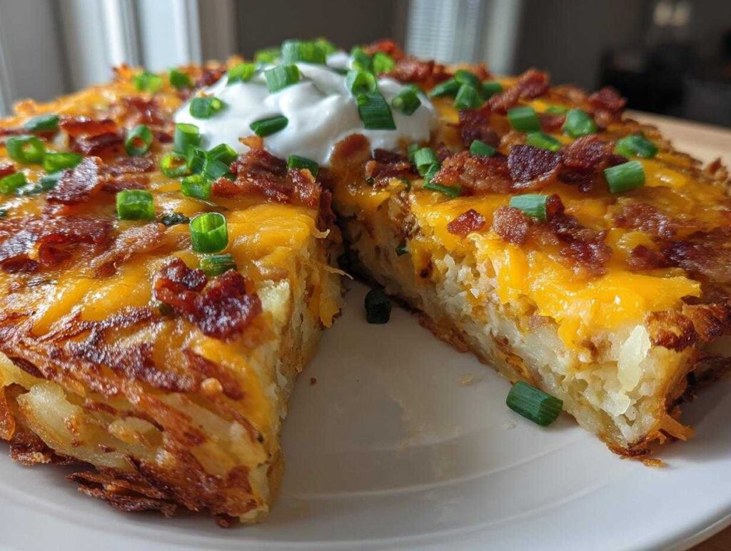 A thick slice cut from a round dish of loaded hash browns, topped with melted cheddar, bacon bits, and sour cream.