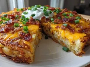 A thick slice cut from a round dish of loaded hash browns, topped with melted cheddar, bacon bits, and sour cream.