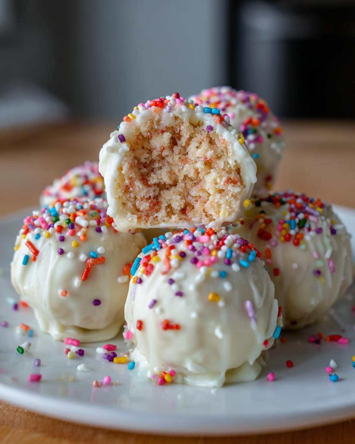 A stack of white chocolate-coated sugar cookie truffles covered in rainbow sprinkles, with one truffle cut open showing the cake-like interior.