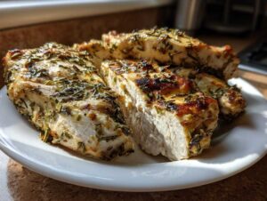 Close-up of sliced, juicy greek chicken breasts heavily seasoned with herbs like rosemary, resting on a white plate.