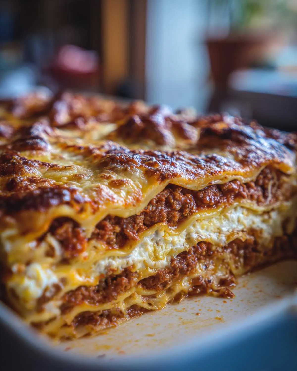 A close-up view showing the rich, browned top and distinct layers of a 6-layer lasagna without ricotta.