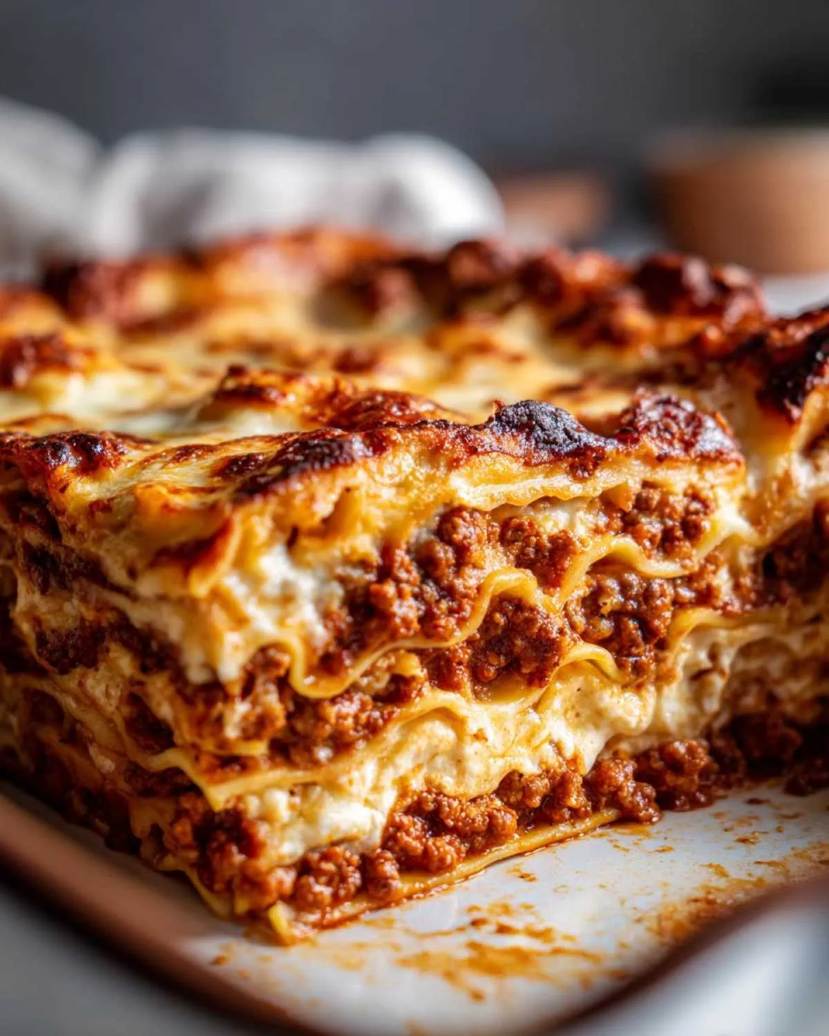 A close-up, cross-section view of a rich, baked 6-layer lasagna without ricotta, showing layers of pasta, meat sauce, and melted cheese.