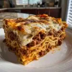 A thick, tall slice of 6-layer lasagna without ricotta, featuring rich meat sauce and melted, browned cheese.