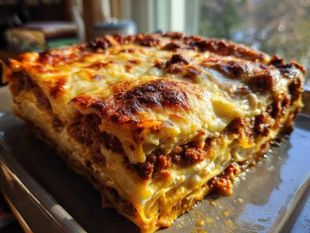 A thick, perfectly baked slice of 6-layer lasagna without ricotta showing distinct layers of pasta, meat sauce, and cheese.
