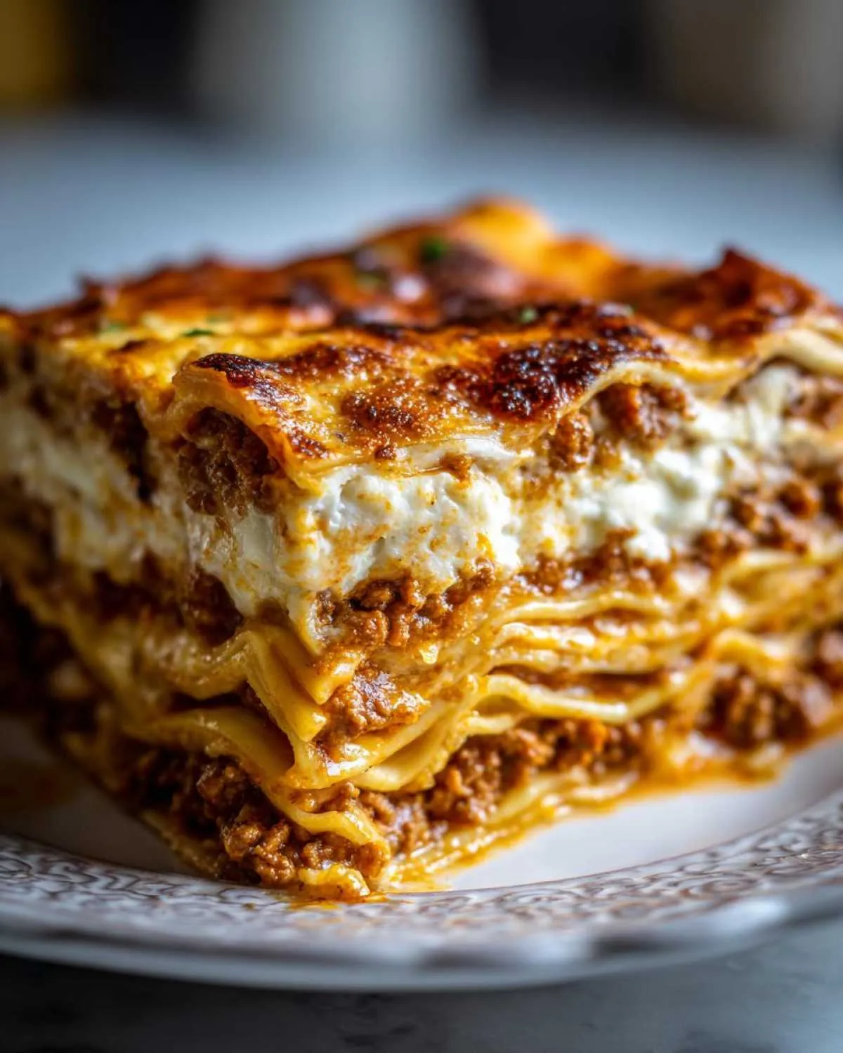 Close-up of a thick slice of 6-layer lasagna without ricotta showing layers of pasta, meat sauce, and white creamy filling.