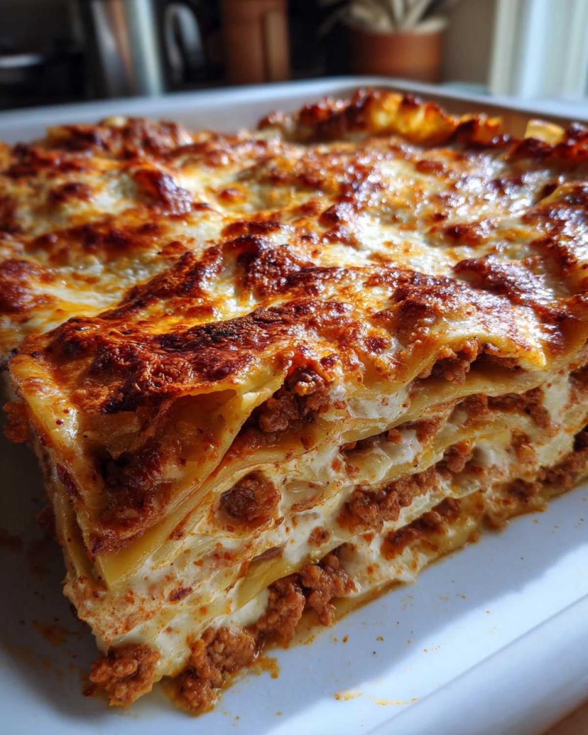 A close-up, cross-section view of a rich, baked 6-layer lasagna without ricotta, showing layers of pasta, meat sauce, and creamy white filling, topped with browned cheese.