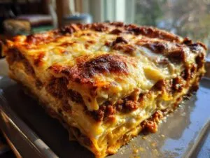 A thick, perfectly baked slice of 6-layer lasagna without ricotta showing distinct layers of pasta, meat sauce, and cheese.