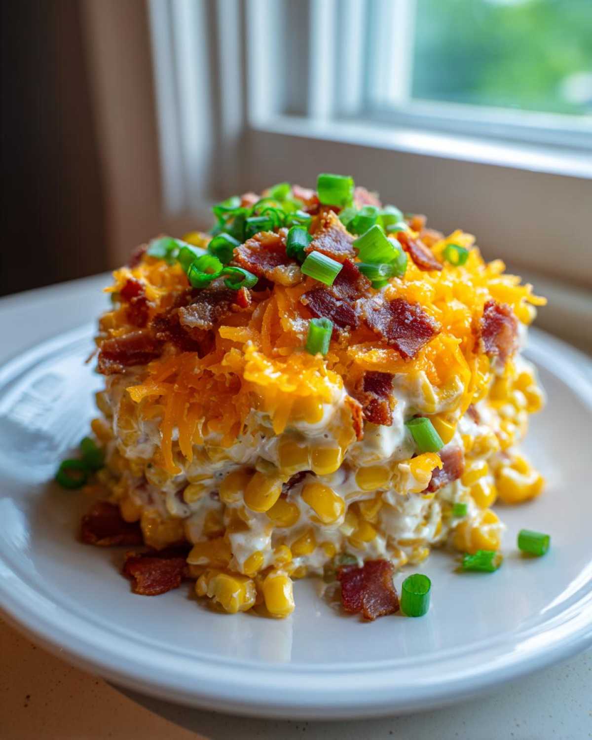 A perfectly molded portion of creamy corn salad topped with shredded cheddar, bacon bits, and green onions.