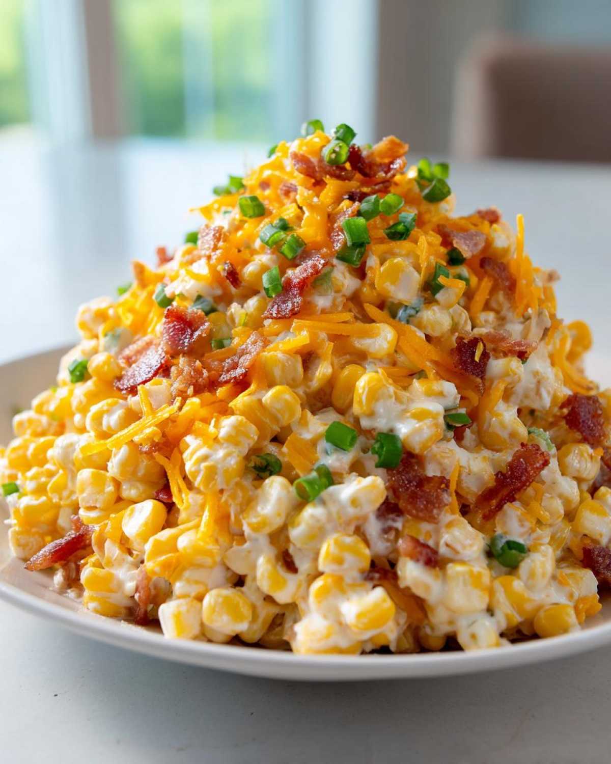 A tall mound of creamy corn salad topped with shredded cheddar cheese, bacon bits, and green onions.