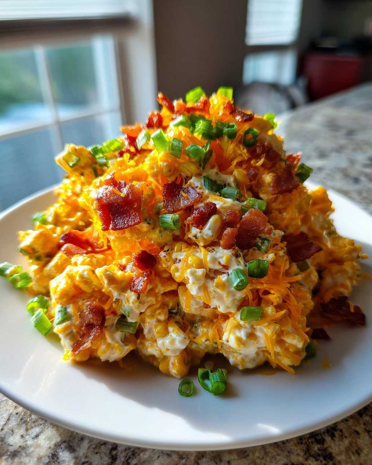 A mound of creamy, cheesy corn salad topped with shredded cheddar, bacon bits, and sliced green onions.