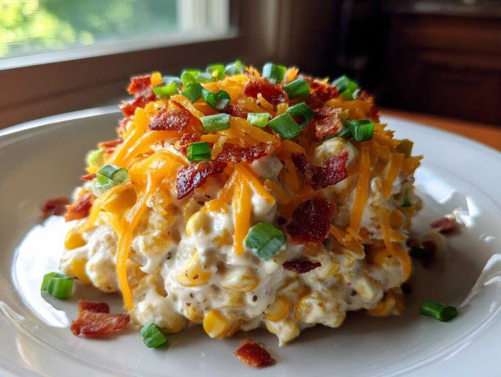 A mound of creamy corn salad topped with shredded cheddar cheese, crispy bacon bits, and chopped green onions.
