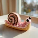A cute, fully decorated sugar snails cookie shaped like a snail with a pink swirled shell and large eyes.
