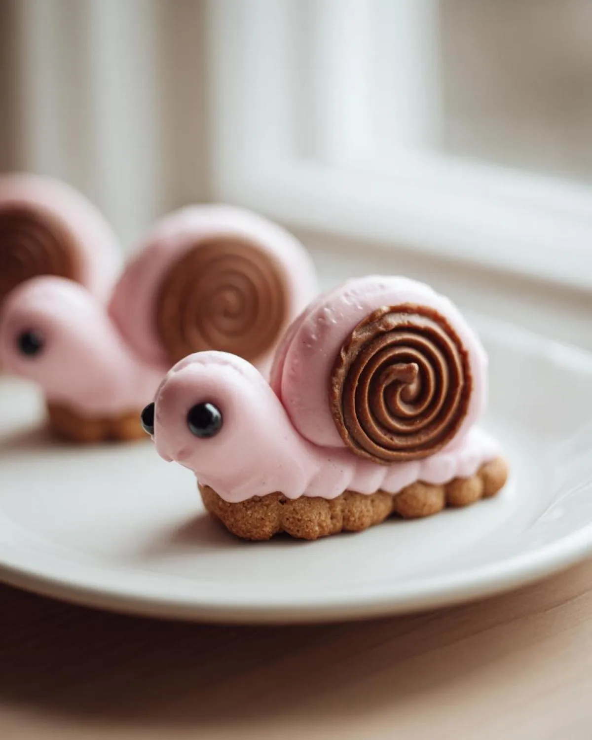 Close-up of a cute, pink-iced cookie shaped like a snail, featuring a chocolate swirl shell. These are the amazing sugar snails.