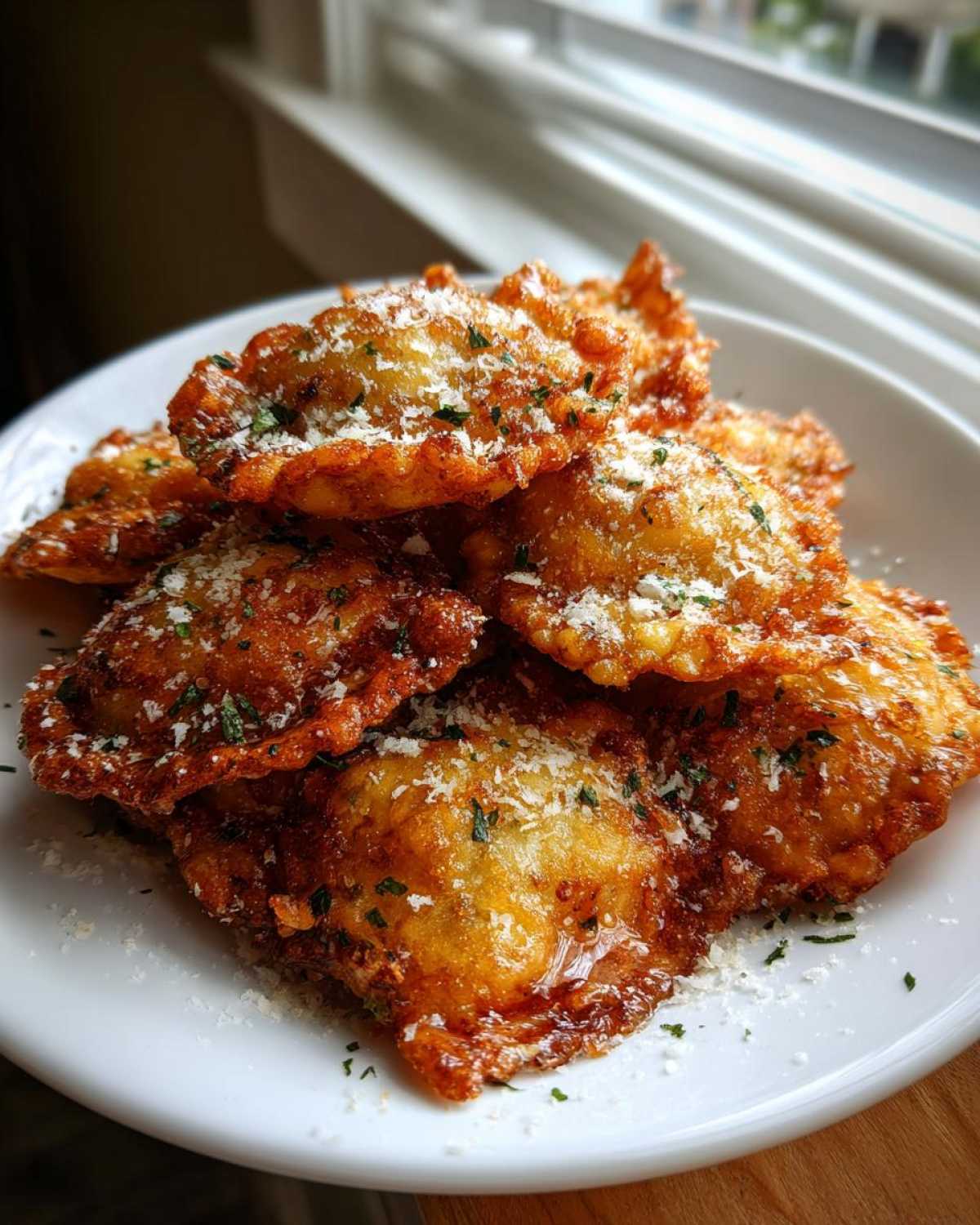 A close-up of crispy, golden brown air fryer cheesy ravioli sprinkled with Parmesan cheese and parsley.