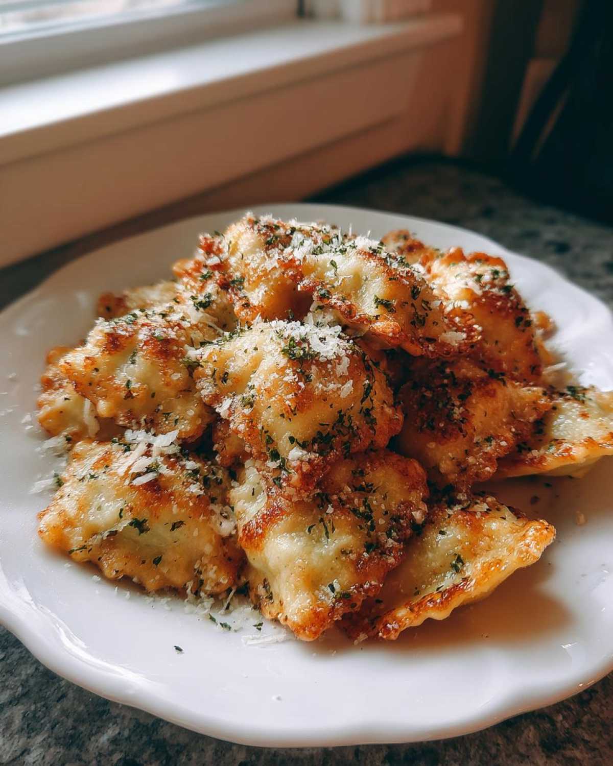 A plate piled high with golden brown air fryer cheesy ravioli, topped with grated Parmesan cheese and dried parsley.