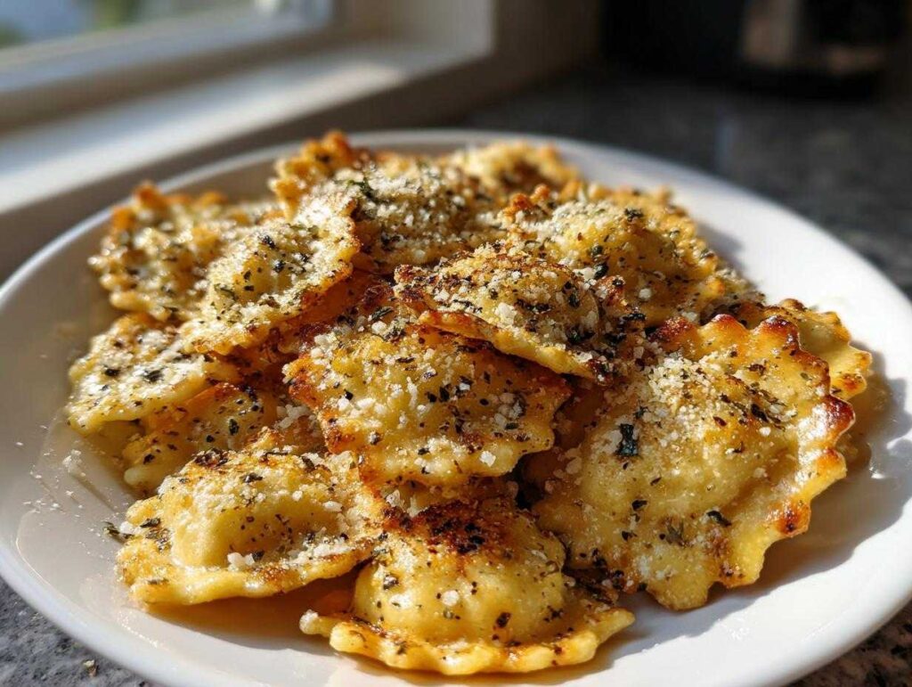 A plate piled high with golden, crispy air fryer cheesy ravioli sprinkled with Parmesan cheese and herbs.