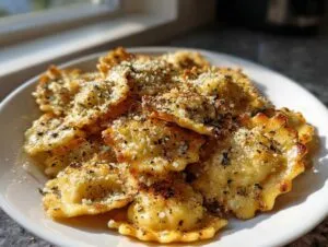 A plate piled high with golden, crispy air fryer cheesy ravioli sprinkled with Parmesan cheese and herbs.