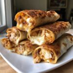 Stack of crispy, golden air fryer chicken mozzarella wraps cut open to show gooey, melted mozzarella cheese and shredded chicken filling.