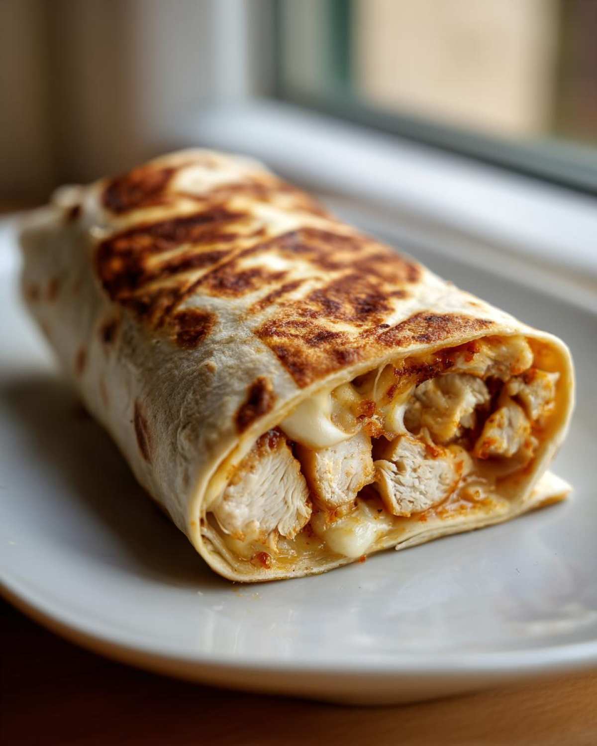 A close-up of a golden-brown air fryer chicken mozzarella wrap, showing melted cheese and seasoned chicken pieces.