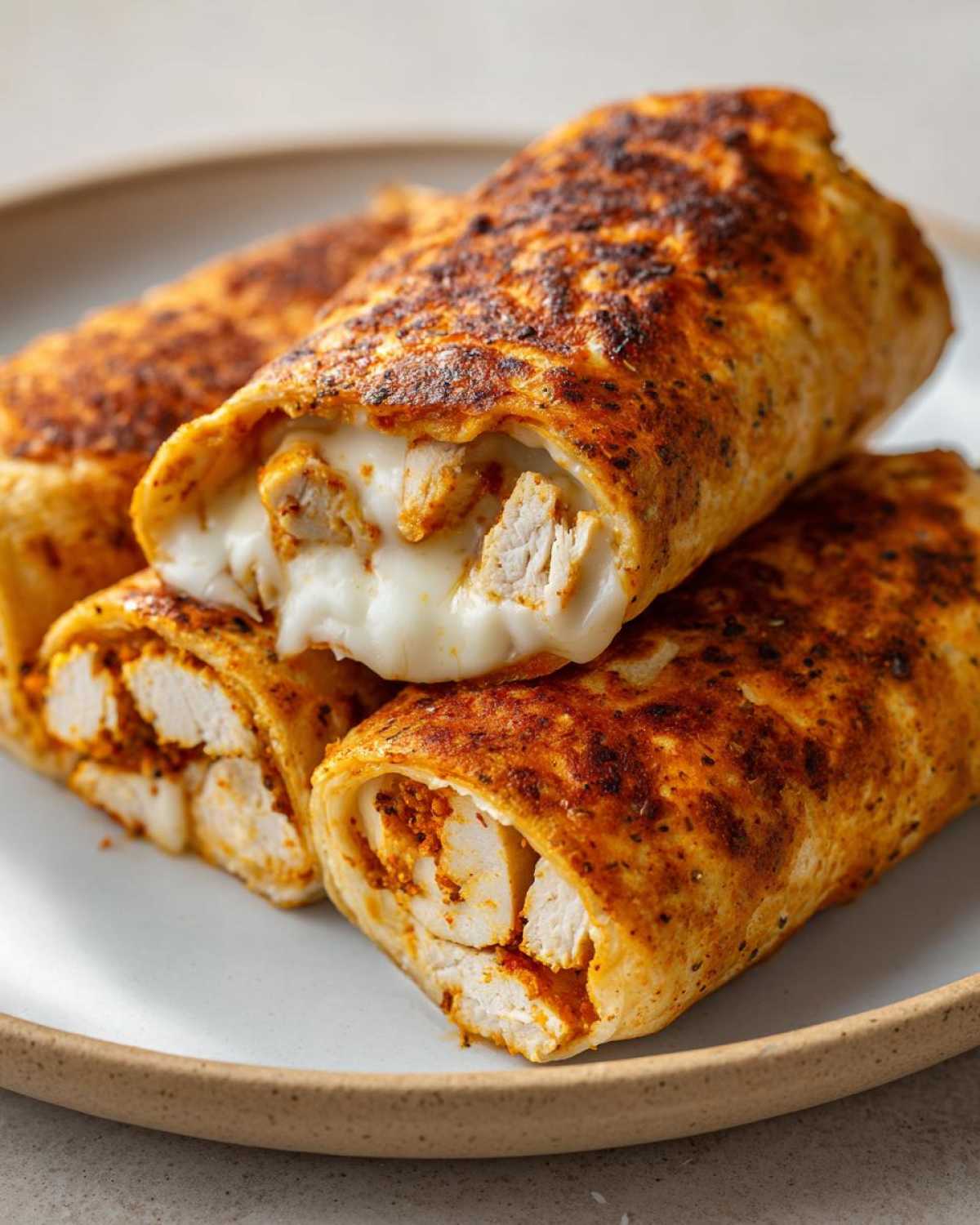 Close-up of crispy air fryer chicken mozzarella wraps cut open, showing melted mozzarella cheese and seasoned chicken pieces.