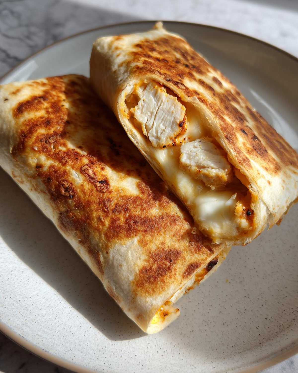 Two halves of a golden-brown air fryer chicken mozzarella wrap showing melted cheese and seasoned chicken pieces inside.