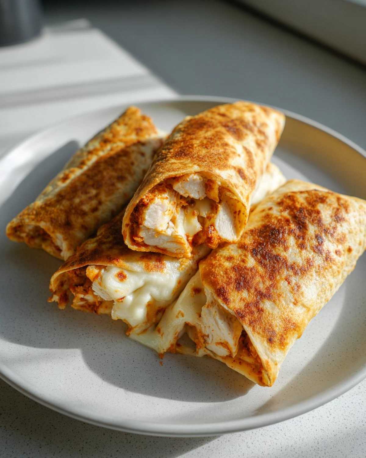 Close-up of crispy air fryer chicken mozzarella wraps, showing melted cheese and chicken filling.