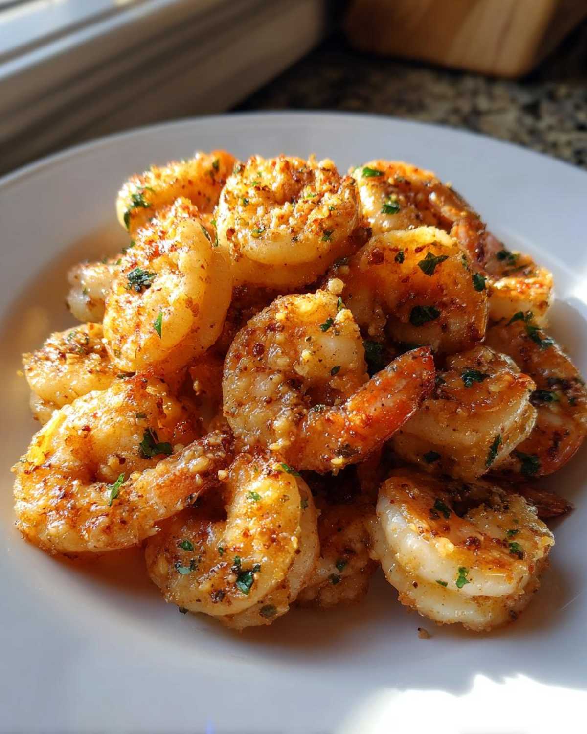 A close-up of perfectly cooked air fryer garlic parmesan shrimp piled high on a white plate, seasoned with herbs.