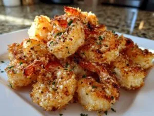 A close-up of golden brown, crispy air fryer garlic parmesan shrimp piled high on a white plate, garnished with parsley.