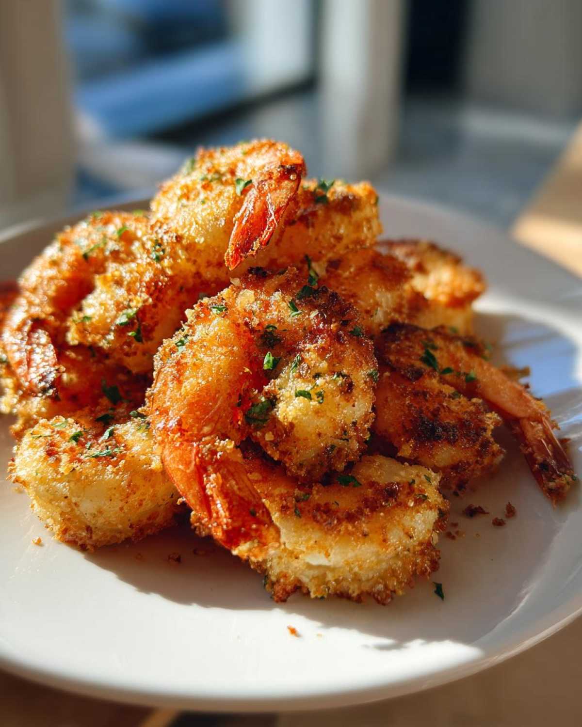 A close-up of crispy, golden air fryer garlic parmesan shrimp piled on a white plate, garnished with parsley.