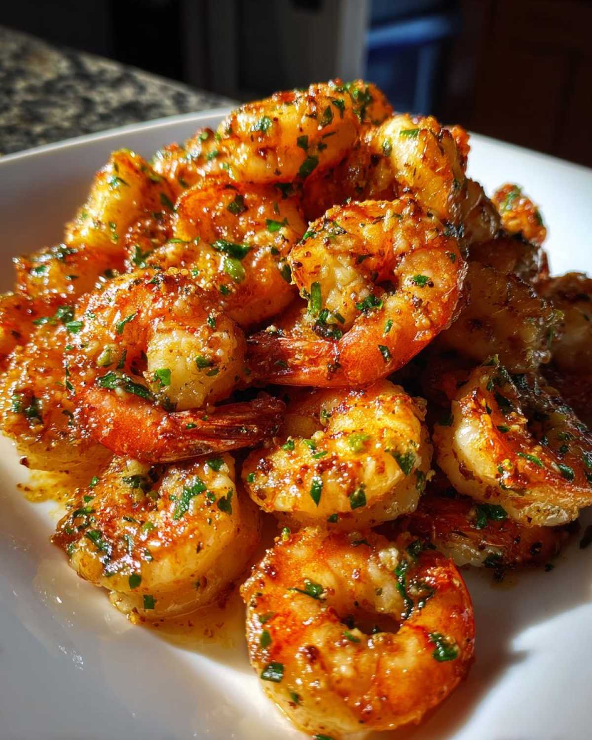 A close-up of juicy, cooked air fryer garlic parmesan shrimp piled high on a white plate, glistening with sauce and topped with chopped parsley.