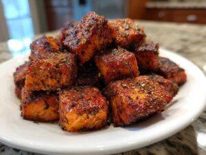 A close-up of a pile of perfectly cooked, seasoned air fryer salmon bites served on a white plate.