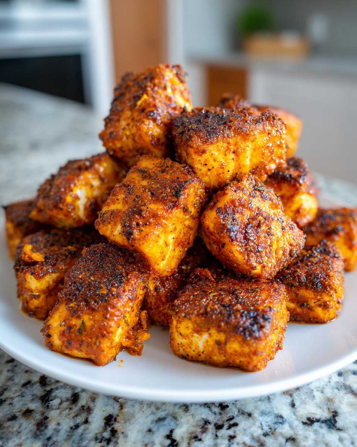 A close-up stack of perfectly cooked, highly seasoned air fryer salmon bites piled high on a white plate.