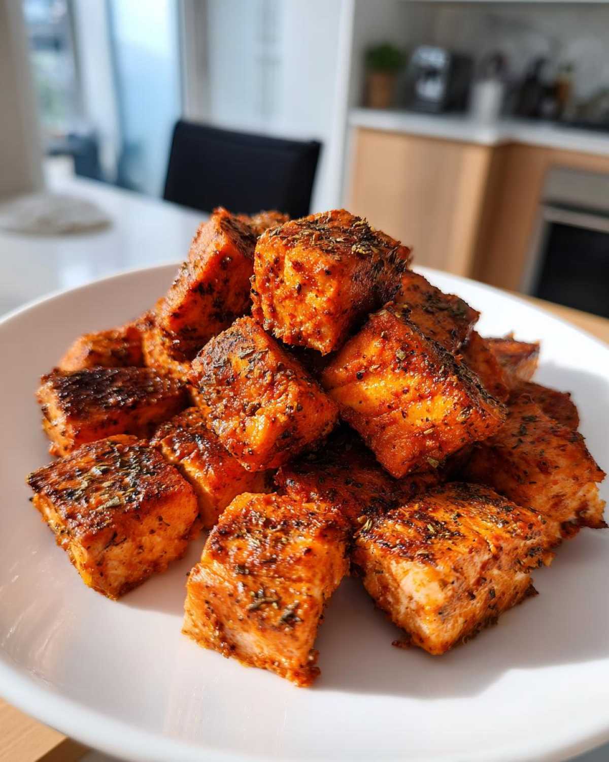 A close-up of a pile of perfectly cooked, seasoned air fryer salmon bites stacked on a white plate.