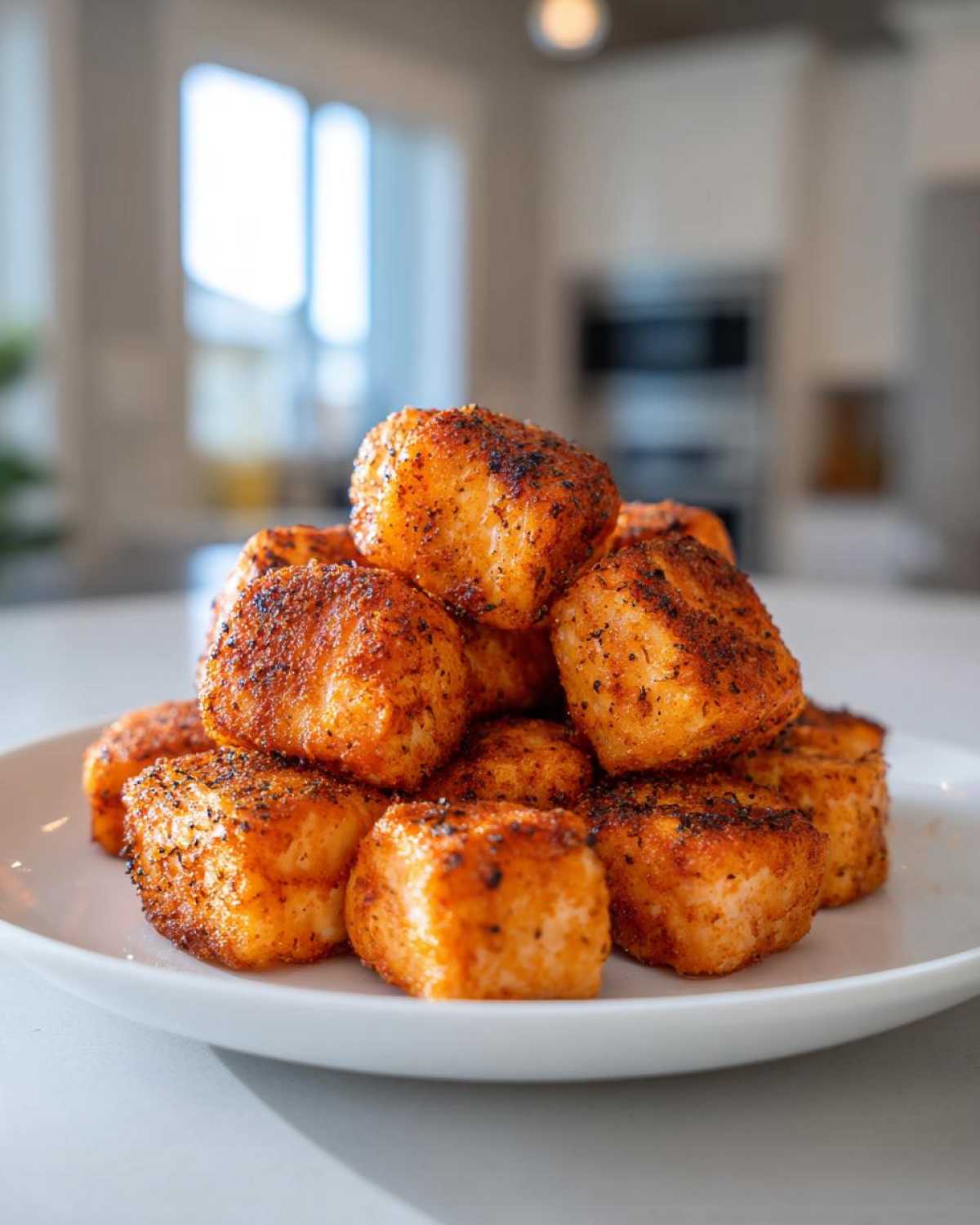 A close-up of a pile of golden-brown, seasoned air fryer salmon bites stacked on a white plate.