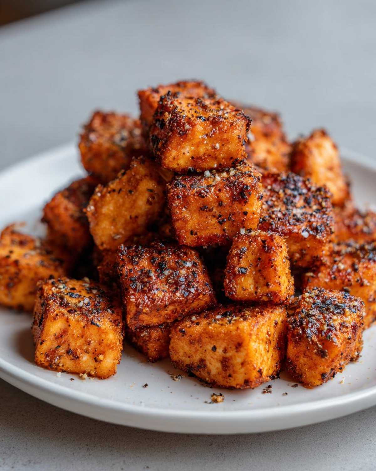 A close-up stack of perfectly cooked, seasoned air fryer salmon bites piled high on a light gray plate.