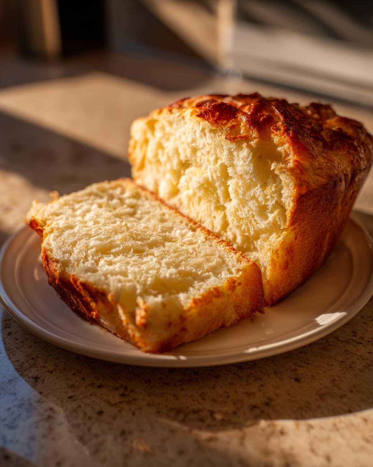 A loaf of golden brown beer bread, sliced open to show the soft, fluffy interior on a white plate.