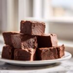 A tempting stack of rich, dark chocolate fudge squares piled high on a white plate.