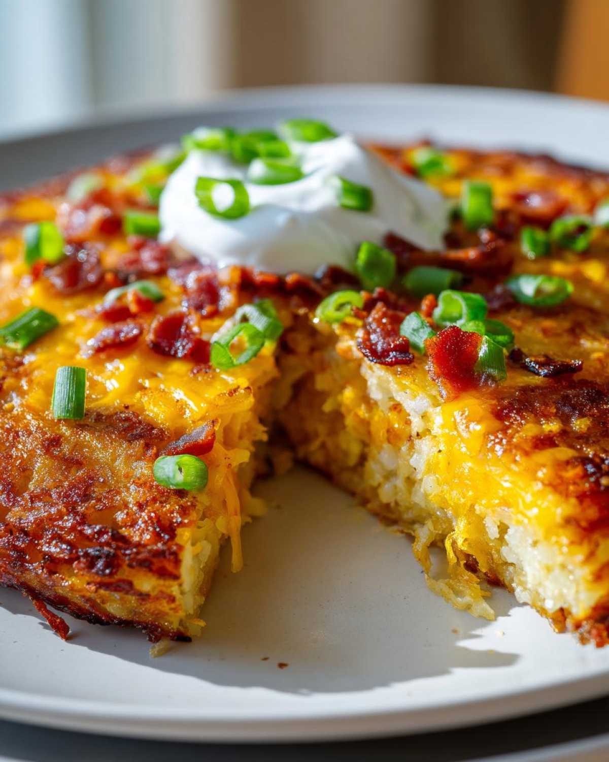 A slice removed from a round pan of amazing 3-ingredient loaded hash browns topped with melted cheese, bacon, sour cream, and green onions.