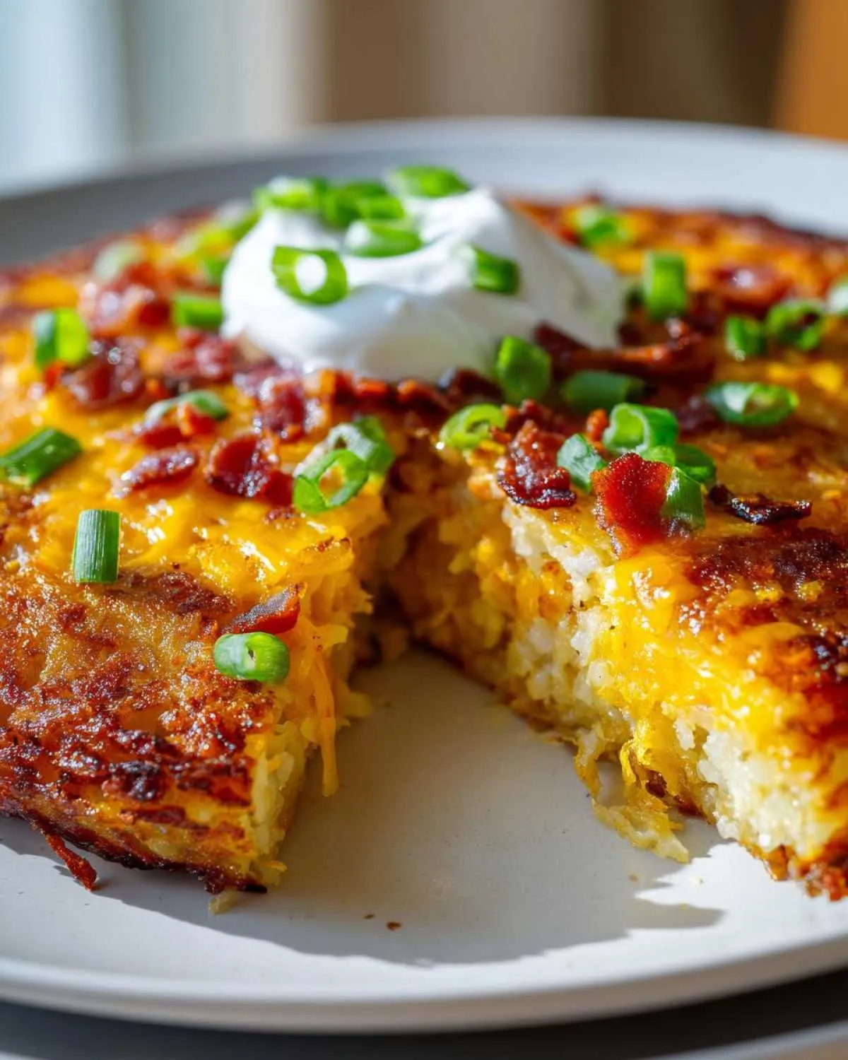 A slice removed from a round pan of amazing 3-ingredient loaded hash browns topped with melted cheese, bacon, sour cream, and green onions.