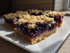 Close-up of two slices of amazing blueberry pie bars featuring a thick, jammy blueberry filling and a buttery crumb topping.