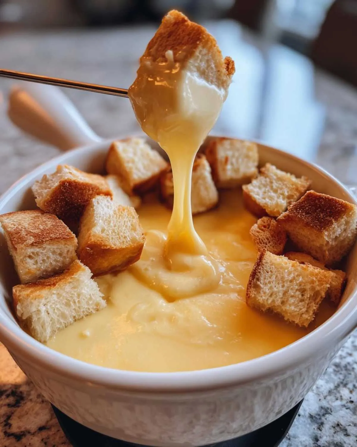 A piece of toasted bread is lifted from a white pot filled with melted, gooey cheese fondue recipe.