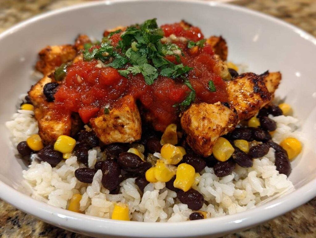 A close-up of an amazing chicken burrito bowl featuring seasoned chicken, black beans, corn, rice, salsa, and cilantro.