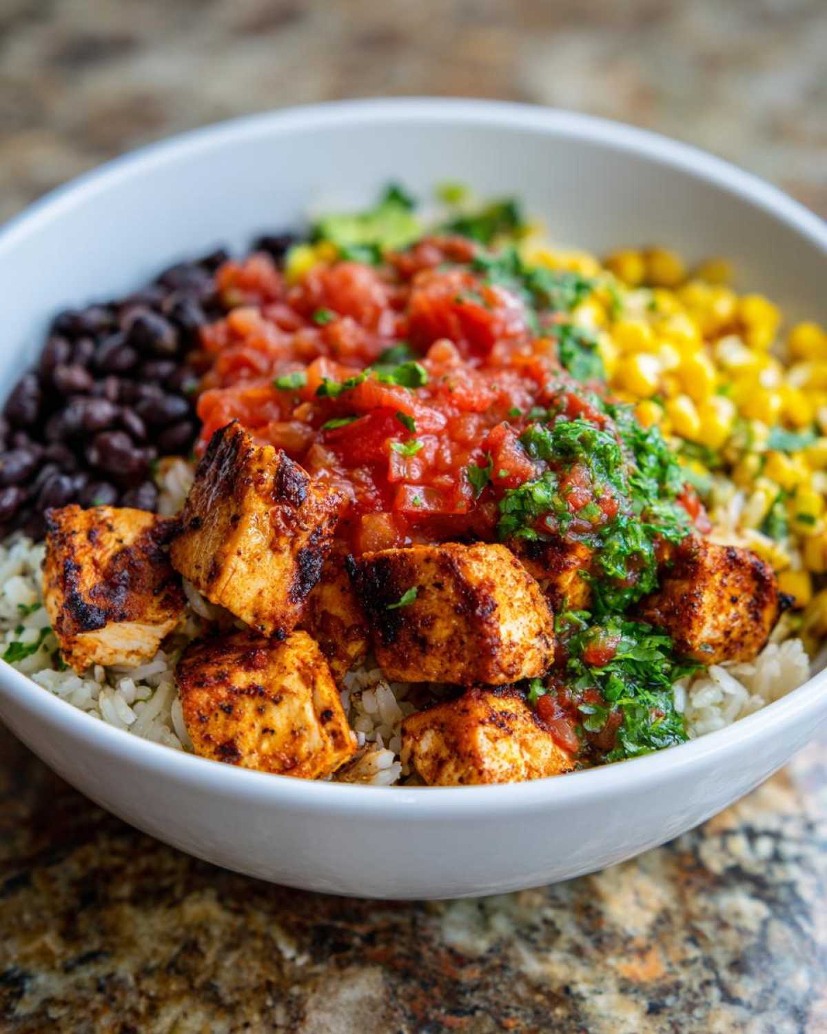 A close-up of a vibrant chicken burrito bowl featuring seasoned chicken cubes, rice, black beans, corn, and salsa.