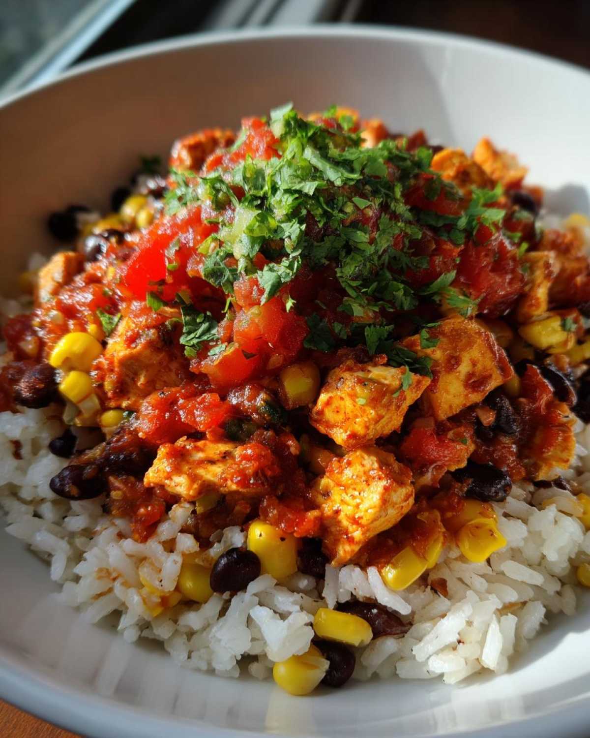 A close-up of an amazing chicken burrito bowl featuring seasoned chicken, rice, corn, black beans, salsa, and fresh cilantro.