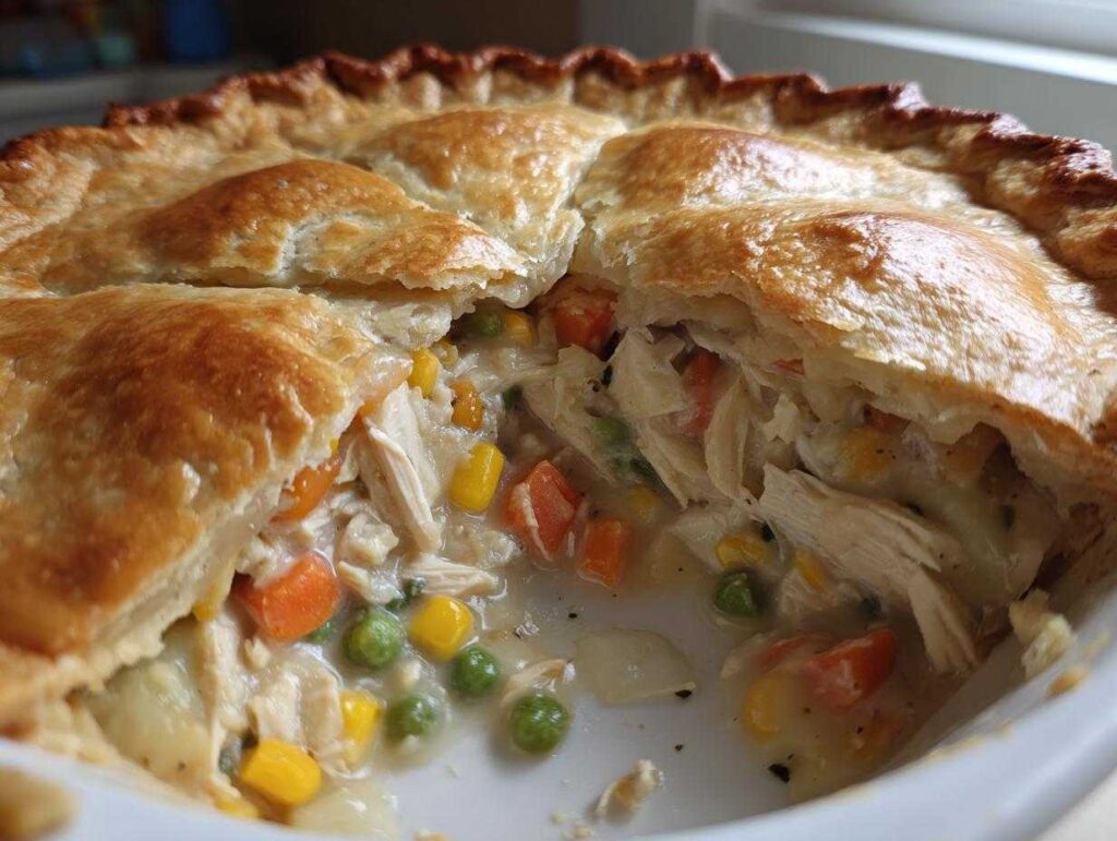 Close-up of a golden-brown chicken pot with a piece cut out, revealing creamy filling, shredded chicken, peas, carrots, and corn.