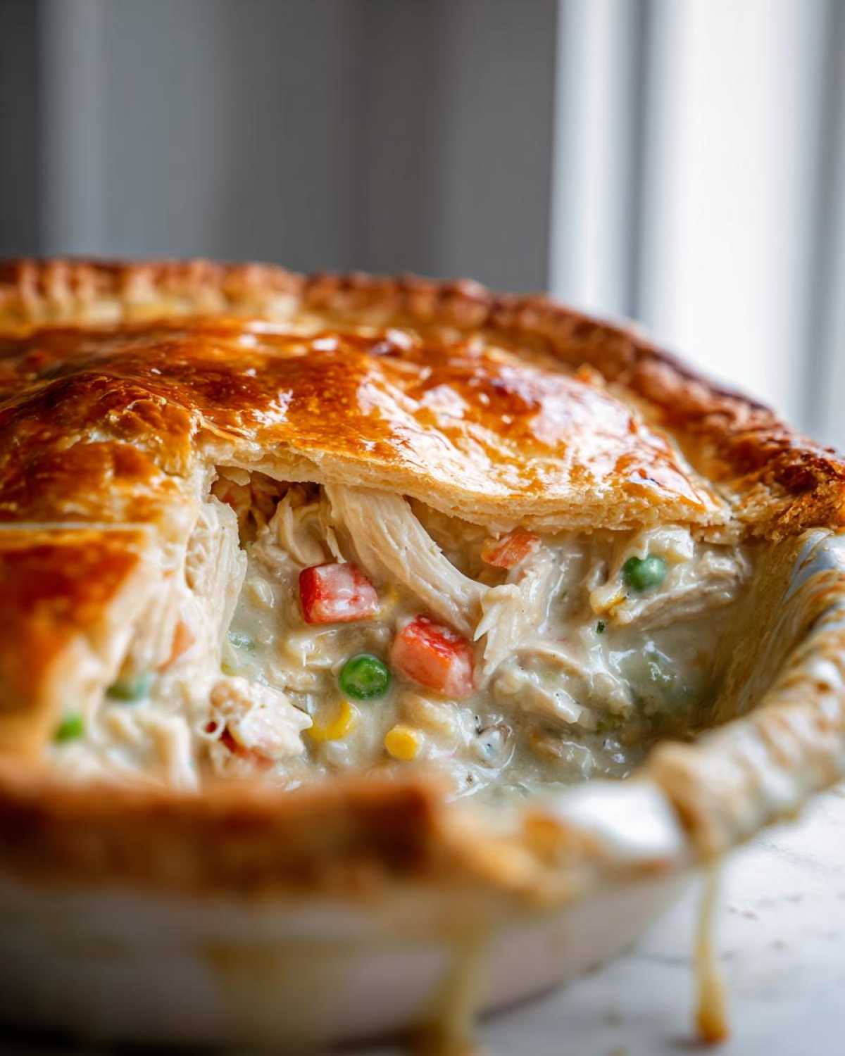 Close-up of a golden-crusted chicken pot pie with the filling exposed, showing shredded chicken and vegetables in a creamy sauce.