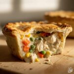A cross-section of an amazing chicken pot showing flaky crust and creamy filling with chicken, carrots, peas, and corn.